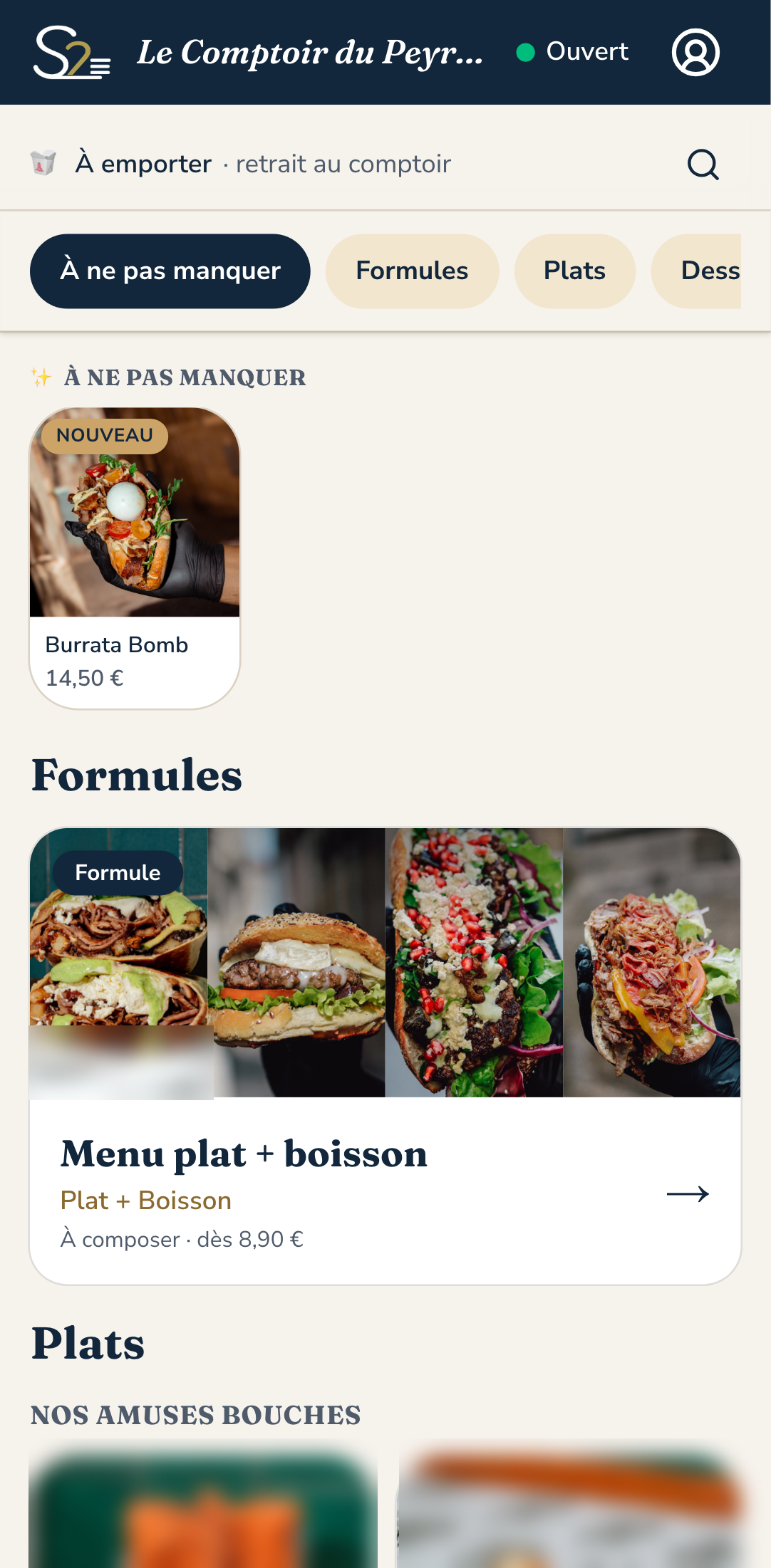 Carte d'un kebab sur le téléphone du client